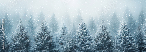 Serene winter forest landscape with falling snowflakes. Panoramic nature background © yevhen89