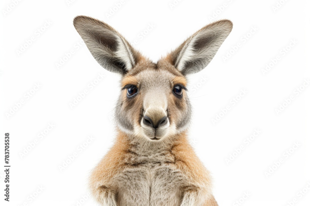 Adorable kangaroo looking straight at the camera against a blank white background in studio setting