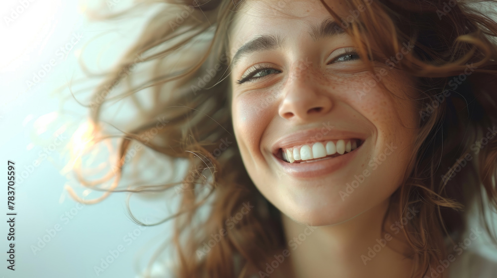Vibrant and carefree woman expressing joy and relaxation in front of a plain white background. Vibrant and carefree woman expressing joy and relaxation in front of a plain white background.