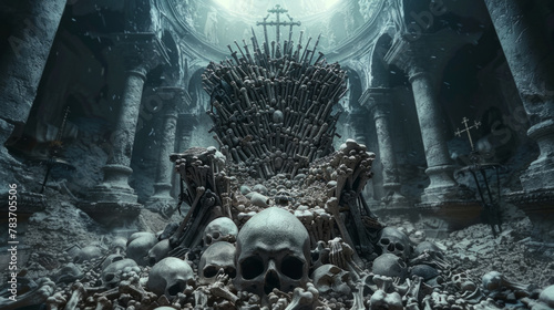 A macabre throne made from the bones of defeated foes, looming ominously in a dimly lit room. photo