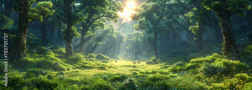 Serene summer forest landscape sunlight  shadows. Background panoramic nature photo