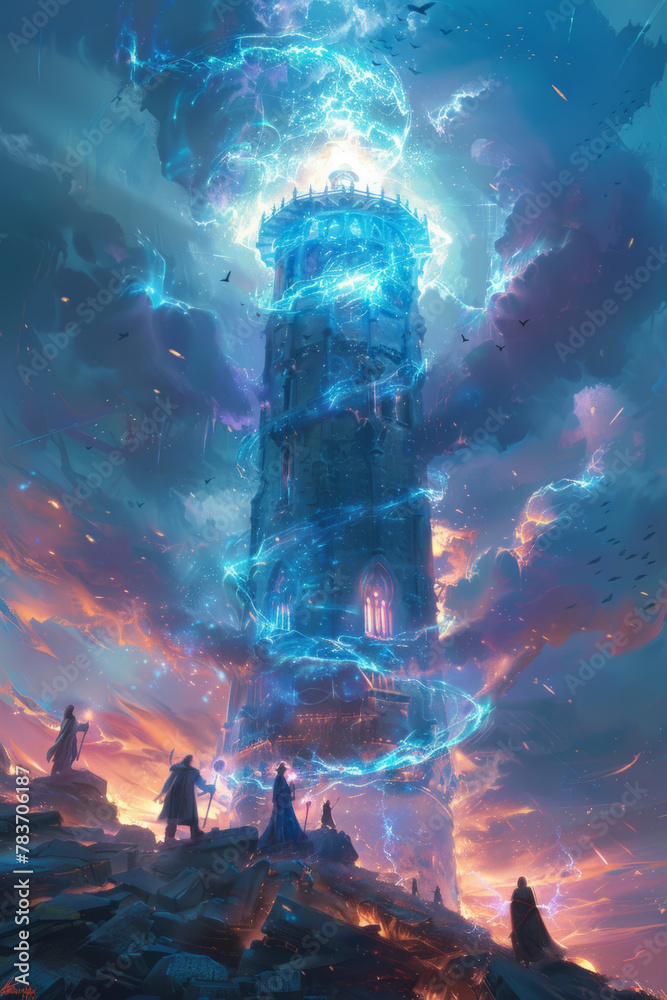 Illustration of mages performing magic atop tower, mystical energies swirling around them. - obrazy, fototapety, plakaty 