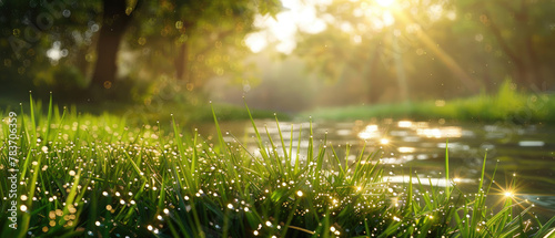 Dewdrops glistened on the fresh green grass by the river against the backdrop of trees in the distance and sunlight reflected on the calm surface of the water created with Generative AI Technology photo