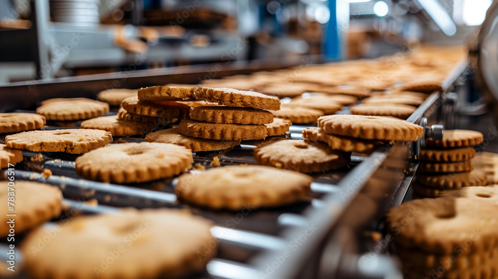 Baking cookies on production line in factory setting