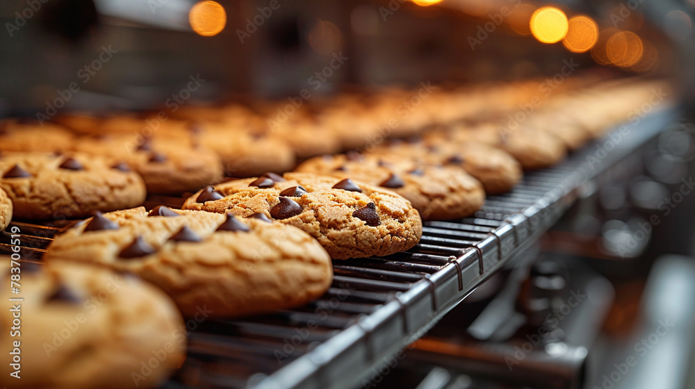 Freshly baked chocolate chip cookies on production line