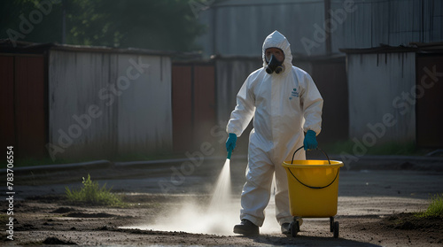 Men in protective clothing sprayed to disinfect contaminated areas.generative.ai