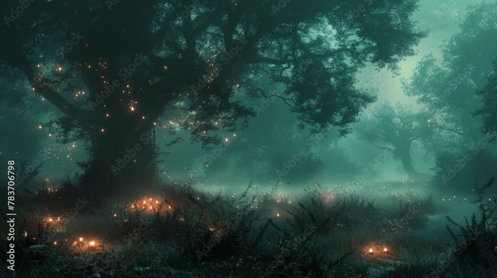 Mysterious and enchanting depiction of a foggy forest illuminated by mystical lights, showcasing a haunting atmosphere