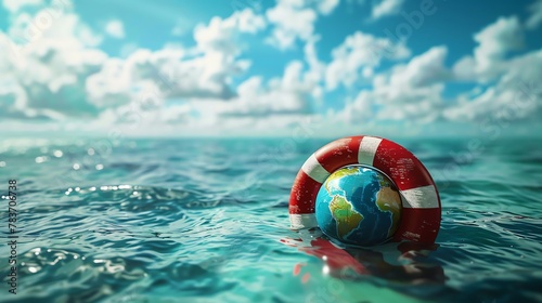 A conceptual image of a lifebuoy in the ocean with a globe depicting environmental protection and rescue