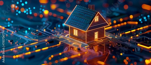 A conceptual smart home glows atop a digital motherboard photo