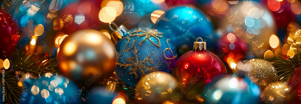 Festive Christmas ornaments with seasonal bokeh backdrop. Seasonal decorations background Festive Christmas ornaments with seasonal bokeh backdrop. Seasonal decorations background