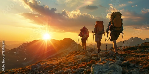 Three hikers with backpacks on their backs, walking up the mountain at sunset