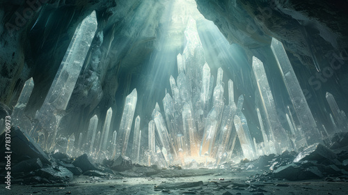 Enchanting depiction of a majestic crystal throne surrounded by shimmering crystals in a magical cavern.