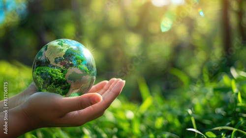 woman hand holding blue green earth globe sphere in environmental protection concept with blurred sunlight bokeh green forest plants in background created with Generative AI Technology