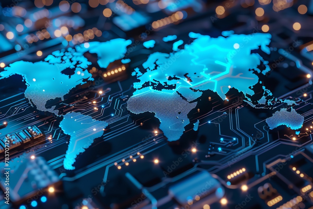 A global digital network represented by a glowing blue world map on an intricate electronic circuit board, symbolizing connectivity and technology A global digital network represented by a glowing blue world map on an intricate electronic circuit board, symbolizing connectivity and technology