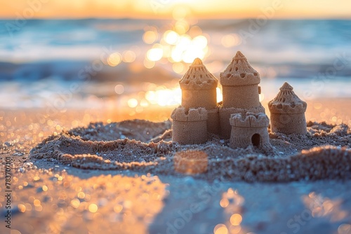 Close-up of a sandcastle on a beach with a blurred background of sea and cliffs. Beautiful simple AI generated image in 4K, unique. © ArtSpree