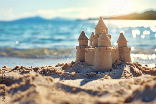 Sun-Kissed Sand Castle by the Sea. Beautiful simple AI generated image in 4K, unique.