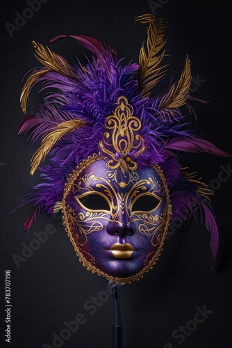 A luxurious Venetian mask adorned with intricate gold detailing and elegant purple feathers on a dark background