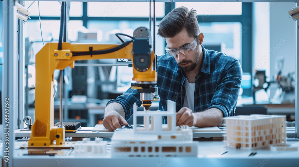 Focused engineer using a robotic arm to build a 3D architectural model Focused engineer using a robotic arm to build a 3D architectural model
