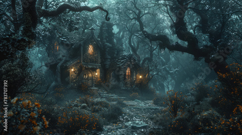 A dark and mystical portrayal of 'The Witch's Forest', featuring ancient trees and a secretive path guiding towards a witch's cottage.