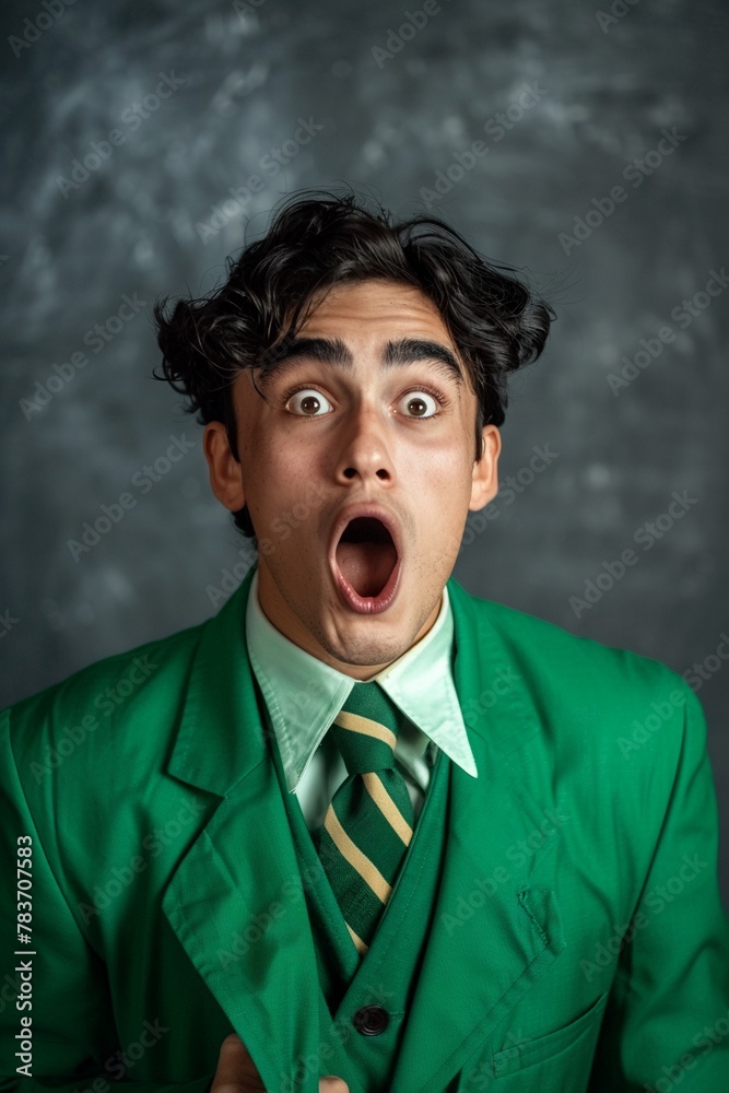 A young man in a green suit expresses a dramatic look of shock and surprise A young man in a green suit expresses a dramatic look of shock and surprise