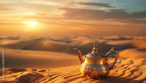 A traditional golden teapot stands out on the sand dunes of a serene desert  illuminated by the warm light of sunset