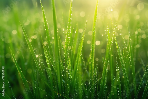 Closeup of fresh rice plant stalks with dew drops in a vibrant green paddy field