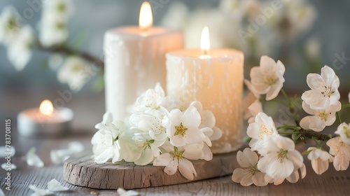 Lit candles paired with fresh white flowers provide a calming and meditative atmosphere  ideal for relaxation and mindfulness