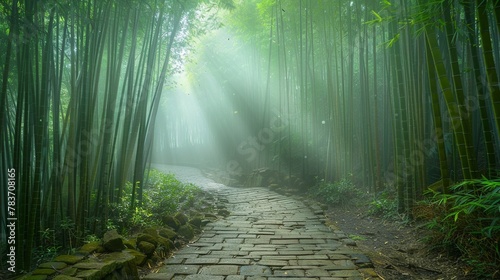 Mystical pathway through a misty bamboo forest with sunlight casting ethereal rays through the fog. photo