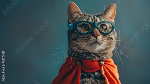 A cute tabby cat dressed as a superhero with a tiny cape and mask, standing heroically in a playful and adorable pose.