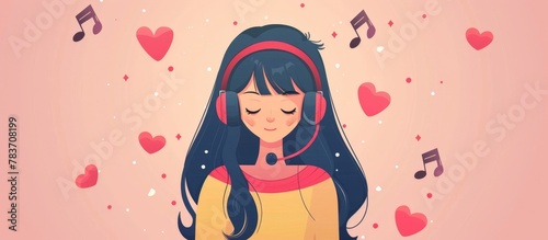 Woman wearing headphones immersed in music with hearts floating around, expressing emotions of a music lover