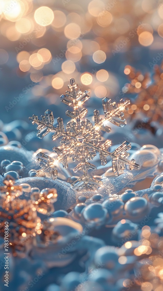 Macro shot of a snowflake on a nowslide, showing intricate ice patterns ,surreal dream images,3D modeling Macro shot of a snowflake on a nowslide, showing intricate ice patterns ,surreal dream images,3D modeling