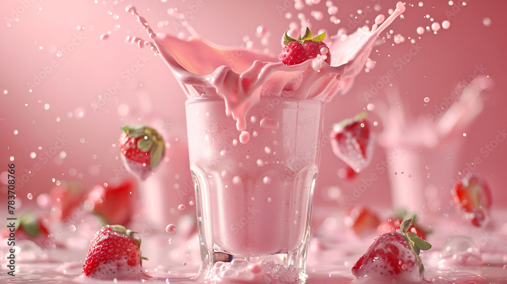 glass of strawberry smoothie or milkshake with splash and falling strawberries ,strawberry milk splashing out of a glass isolated on pink  background - obrazy, fototapety, plakaty 