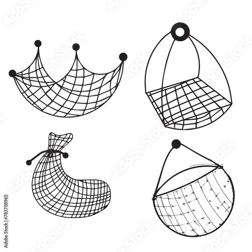 fishing net icon, fish catching set, net set, Vector illustration
