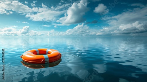 Lonely orange life preserver floating in vast ocean with dramatic clouds in the background