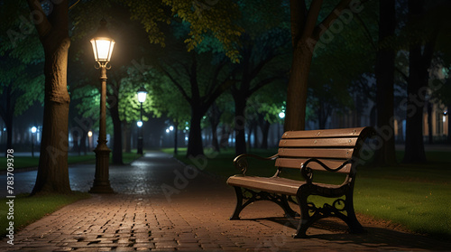 Image of a park path in the light of lanterns at night with park bench.generative.ai 