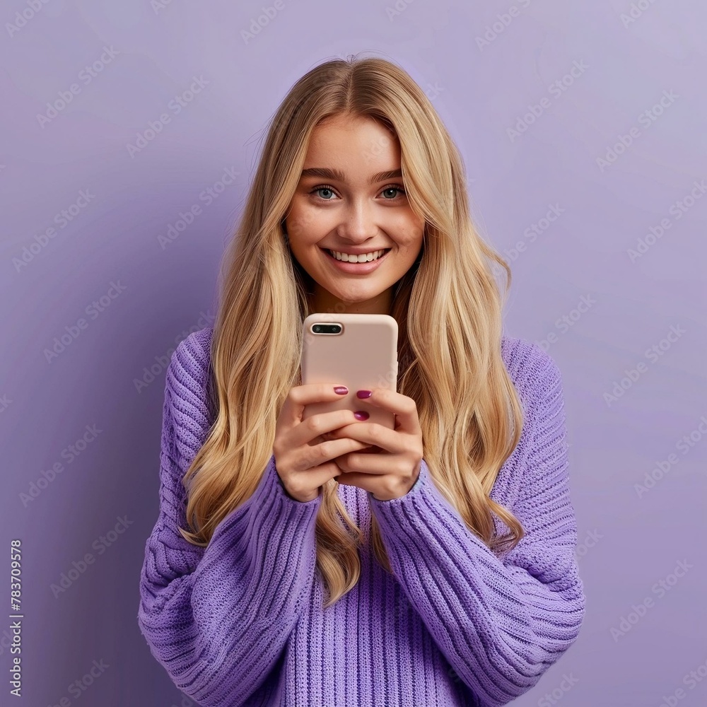 smile European young woman, face looking straight, holding a phone in her hands, phone shining smile European young woman, face looking straight, holding a phone in her hands, phone shining