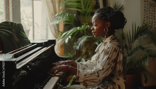 A woman sits at a piano, playing a song