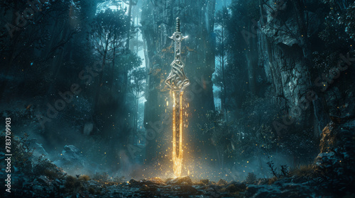 A mystical artwork featuring 'The Enchanted Dagger,' glowing amidst ancient runes and a dark forest backdrop. photo