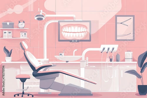 Dentist office illustration  patient in chair  monitor displaying ads overhead  soothing pastels  clean vector design.