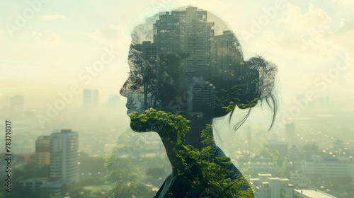 A fusion of urban hustle and natural serenity captured through a double exposure image featuring human silhouette, cityscape, and forest scene.