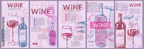 Wine background set. Bright party invitation, flayer, menu list, winery, tasting design.