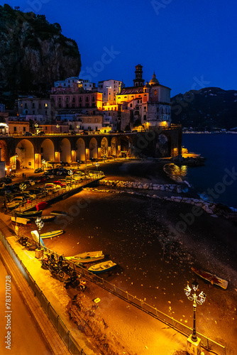 View of the evening Atrani on the Amalfi coast of Italy