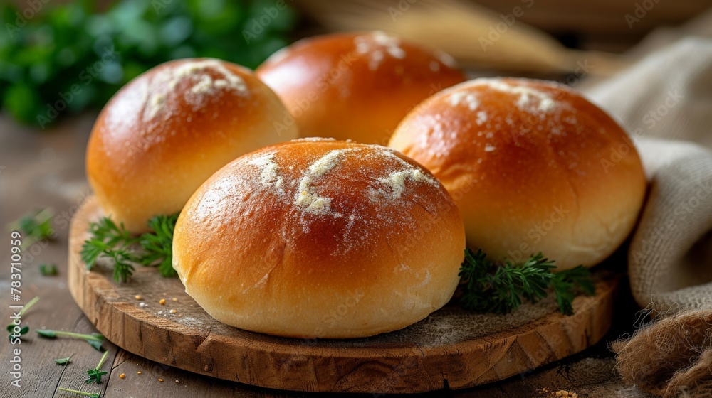 Freshly baked buns on a wooden cutting board with a garnish of parsley, food photography concept