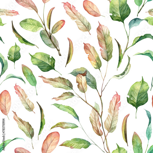 Seamless pattern with hand painted watercolor botany. Green and yellow golden wilted leaves. Square wallpaper design with stems and twigs (ID: 783710904)