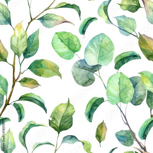 Seamless pattern with hand painted watercolor botany. Green detailed high quality painted leaves. Square wallpaper design with stems and twigs (ID: 783710907)