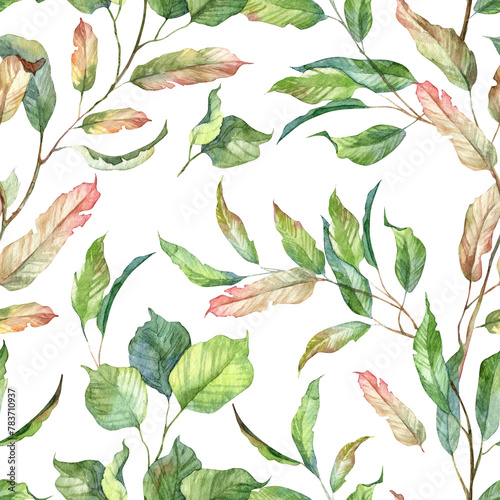 Seamless pattern with hand painted watercolor botany. Green and yellow golden wilted leaves. Square wallpaper design with stems and twigs