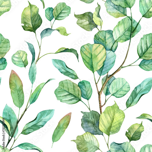 Seamless pattern with hand painted watercolor botany. Green detailed high quality painted leaves. Square wallpaper design with stems and twigs (ID: 783710944)