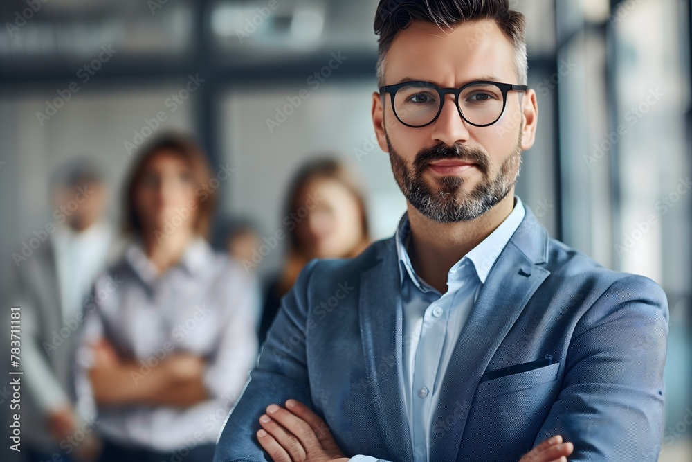 Confident Male Leader with Arms Crossed in Front of Business Team in Corporate Setting
Confident Male Leader with Arms Crossed in Front of Business Team in Corporate Setting