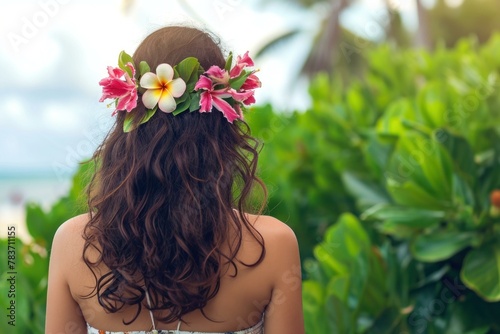 Tranquil Back view woman hawaii beach girl. Wedding wreath. Generate AI photo