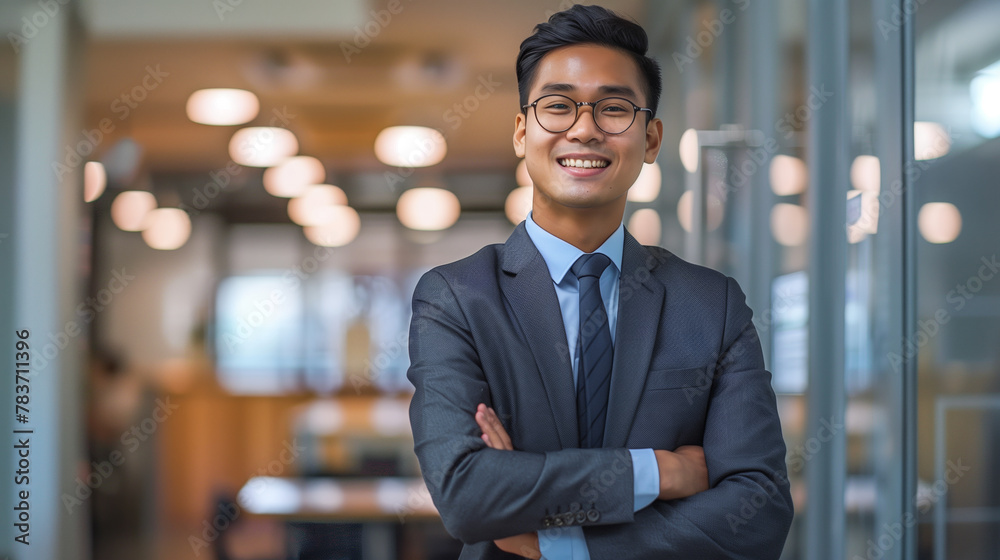 Confident businessman with a cheerful smile in an office setting Confident businessman with a cheerful smile in an office setting